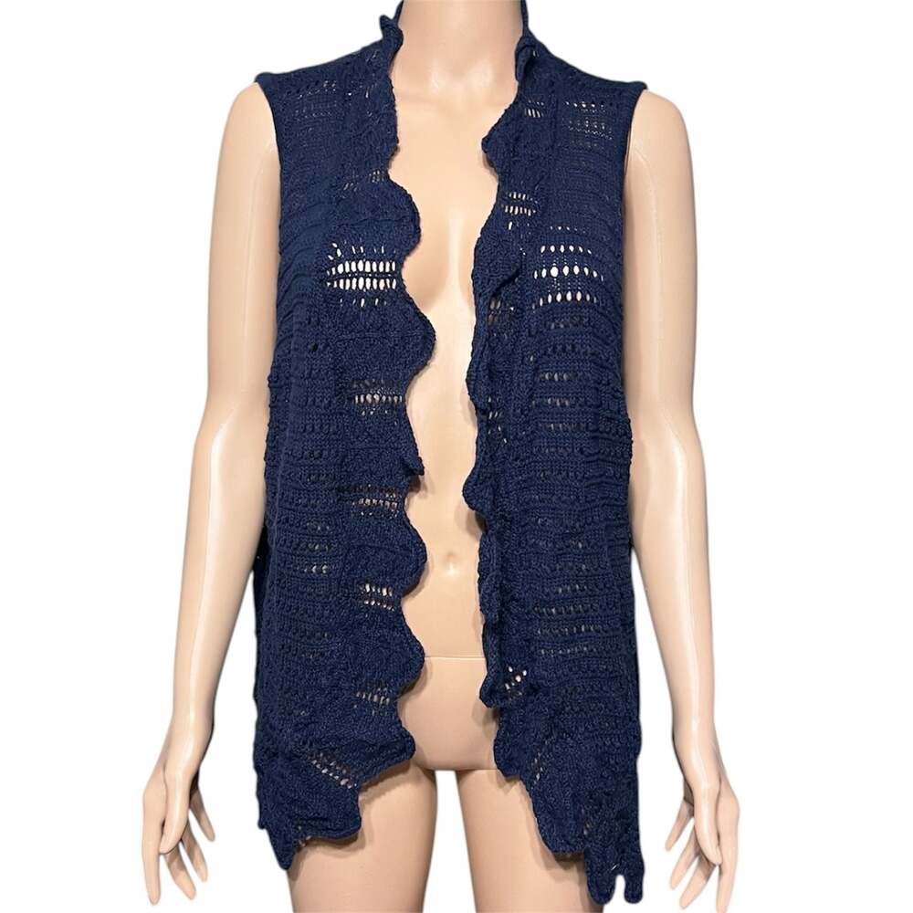 Liz Claiborne Navy Blue Crochet Open Front Ruffle Vest Size XL